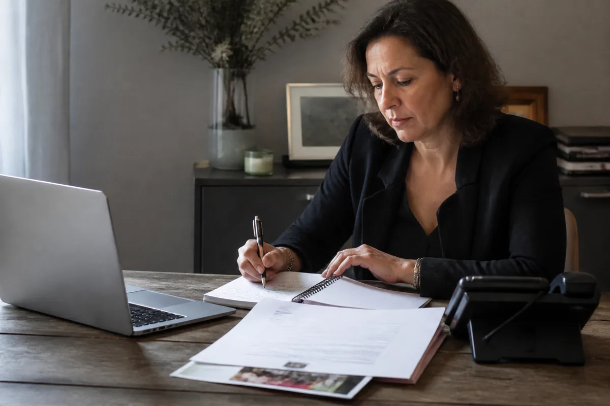 Responsable d’une petite entreprise préparant une relance client personnalisée dans un espace de travail réel