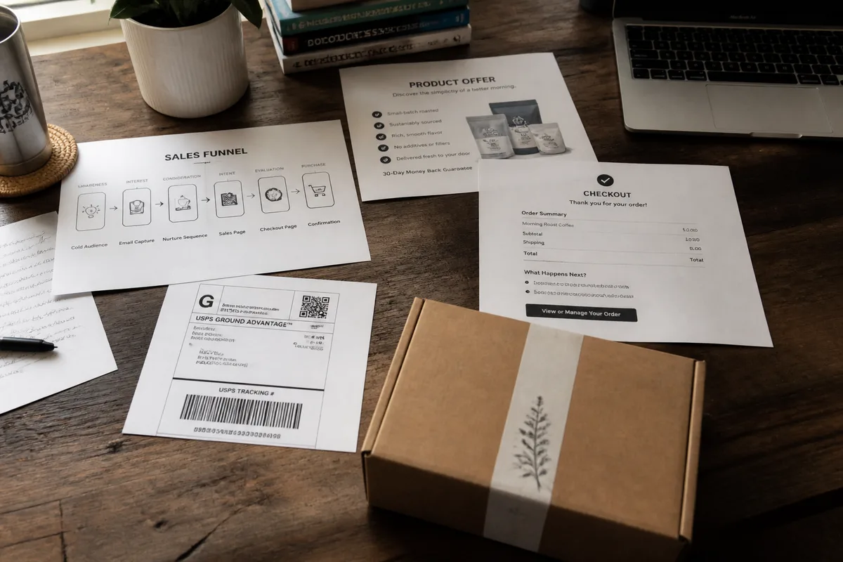 Tunnel de vente ClickFunnels représenté par des pages imprimées, une fiche de commande et un colis sur un bureau professionnel