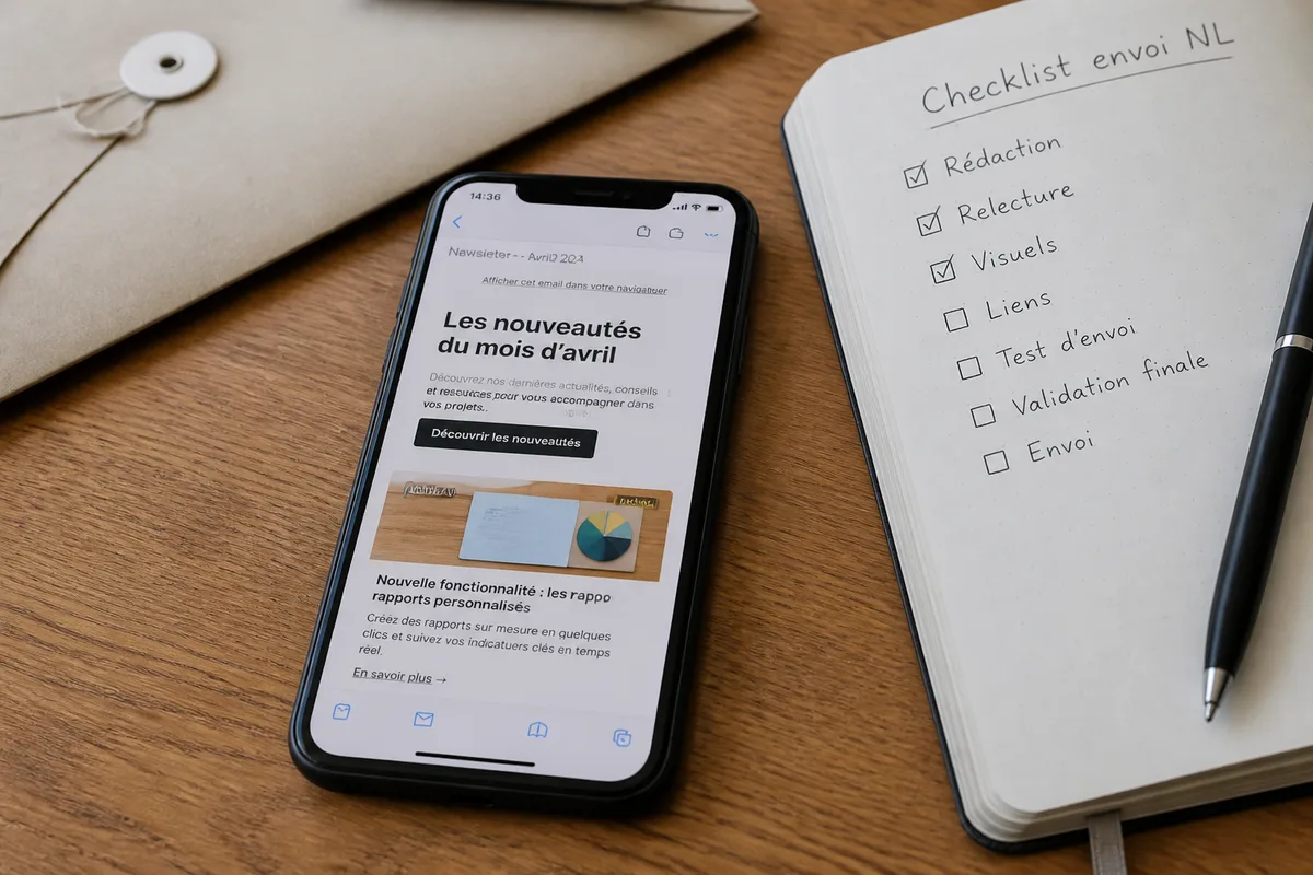 Exemple de newsletter gratuite affichée sur un téléphone avec objet, contenu et bouton d’action