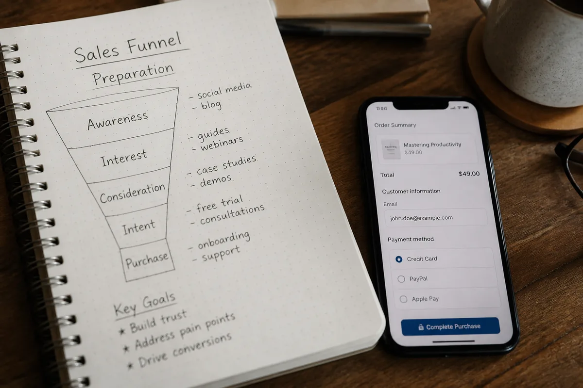 Téléphone affichant une page de commande numérique à côté d’un carnet de préparation de tunnel de vente