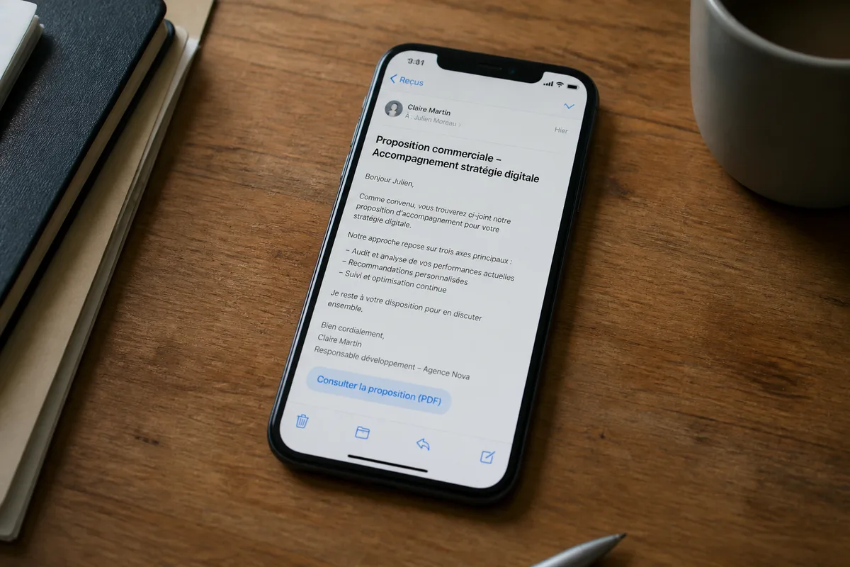 Lecture d’un emailing commercial sur un téléphone mobile avec objet, pré-en-tête et bouton d’action visibles
