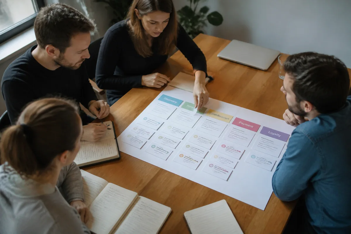 Scène réaliste d’une équipe marketing examinant un parcours d’achat sur des documents imprimés