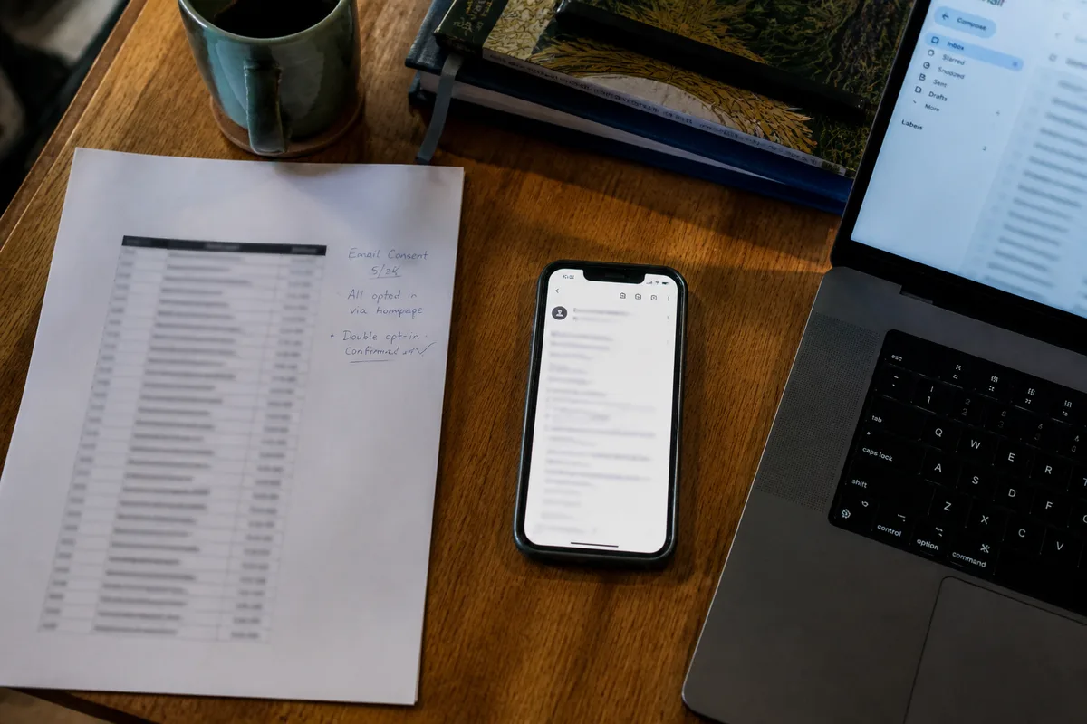 Préparation d’un emailing avec Gmail sur une table de travail, liste de contacts et message imprimé