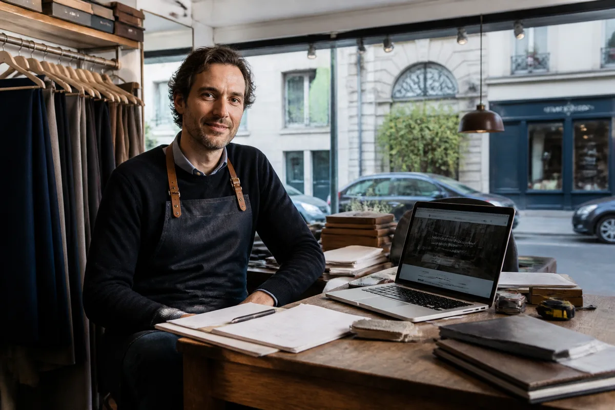 Artisan dans sa boutique avec une enseigne professionnelle et un ordinateur affichant une page de site vitrine