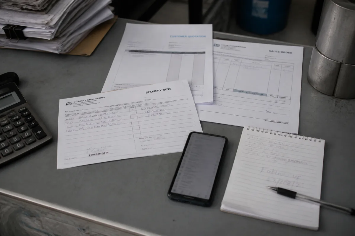 Documents commerciaux et téléphone utilisés pour suivre une vente en PME