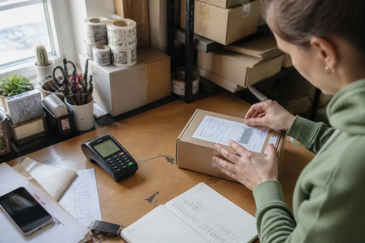 Paiement d’une commande e-commerce sur smartphone avec panier et colis à côté