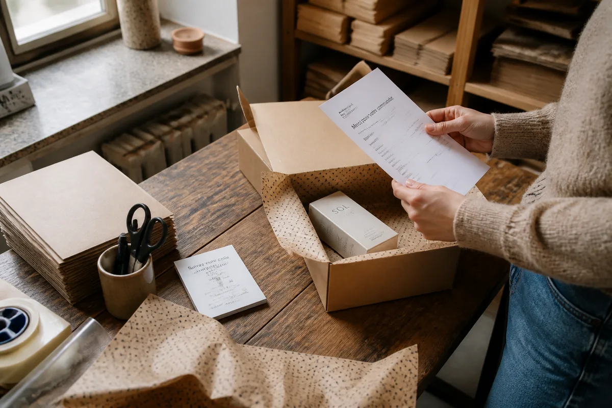 Préparation réelle d’un colis e-commerce avec bon de commande et emballage avant expédition