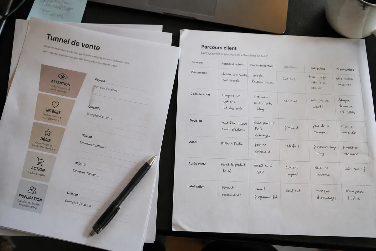Modèle de tunnel de vente en PDF posé sur un bureau avec les étapes du parcours prospect-client