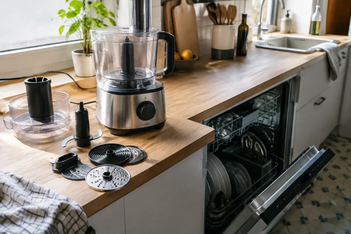 Présentation naturelle d’un robot de cuisine et de ses accessoires dans une cuisine
