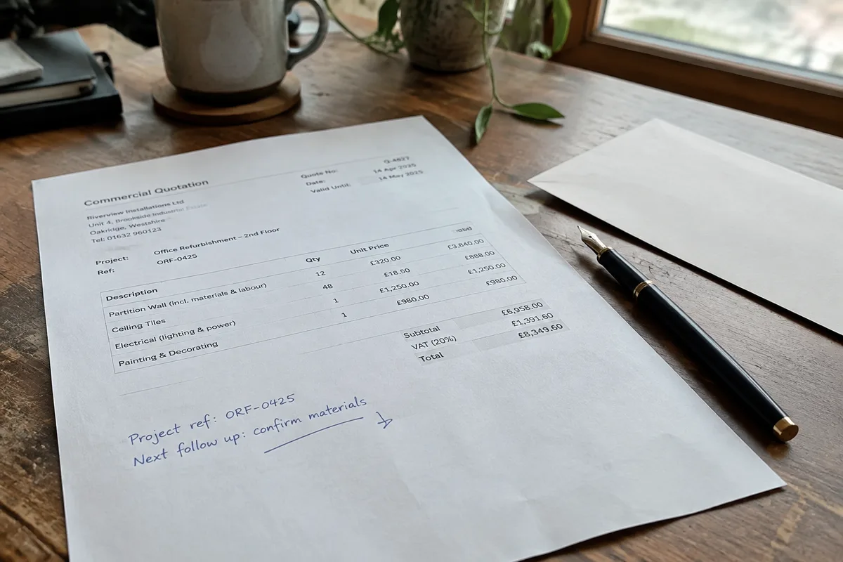 Devis imprimé annoté sur un bureau avec enveloppe et stylo pour préparer une relance commerciale